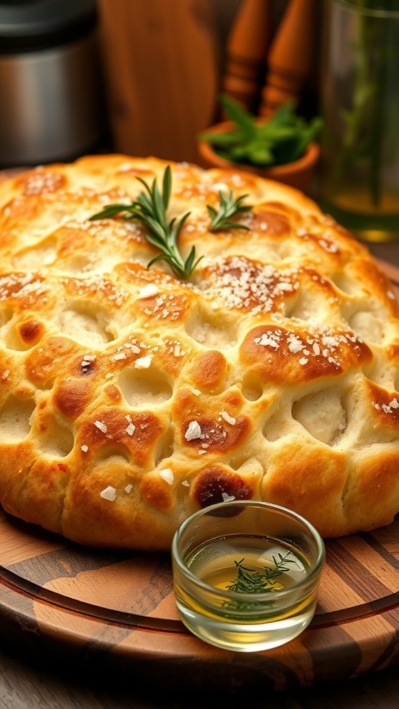 Golden brown focaccia bread with large bubbles, topped with rosemary and sea salt, served with olive oil.